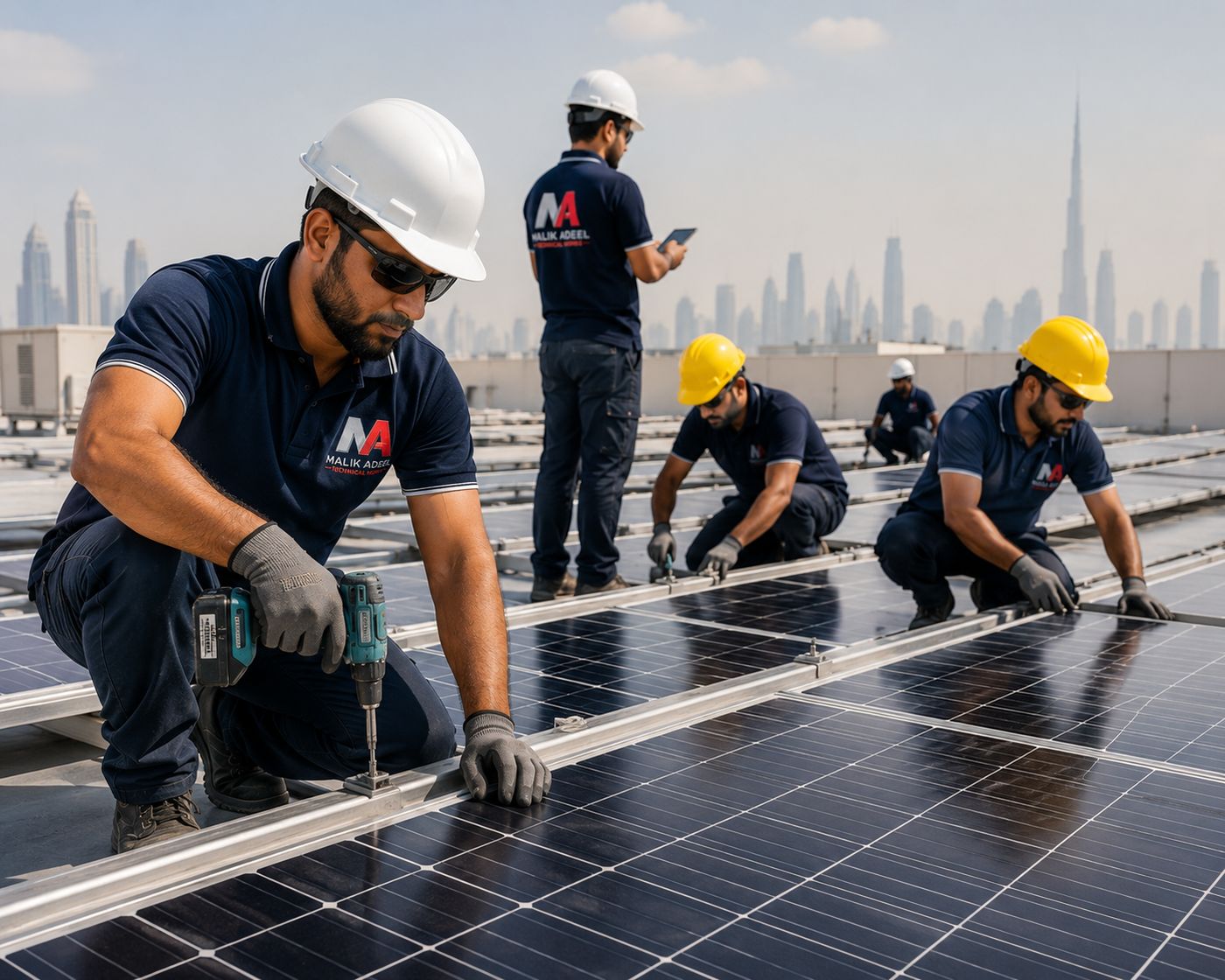 Malik Adeel Technical Works team installing a commercial rooftop solar panel array with the Dubai skyline behind