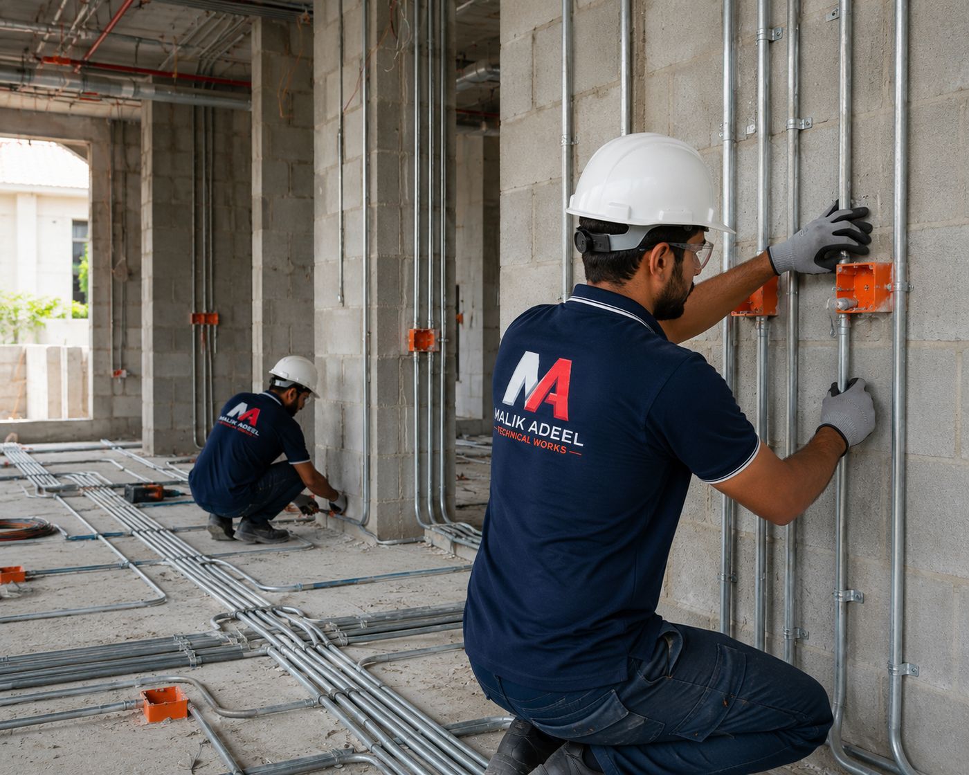Technicians fixing electrical conduit and back-boxes to block walls on a Dubai villa project