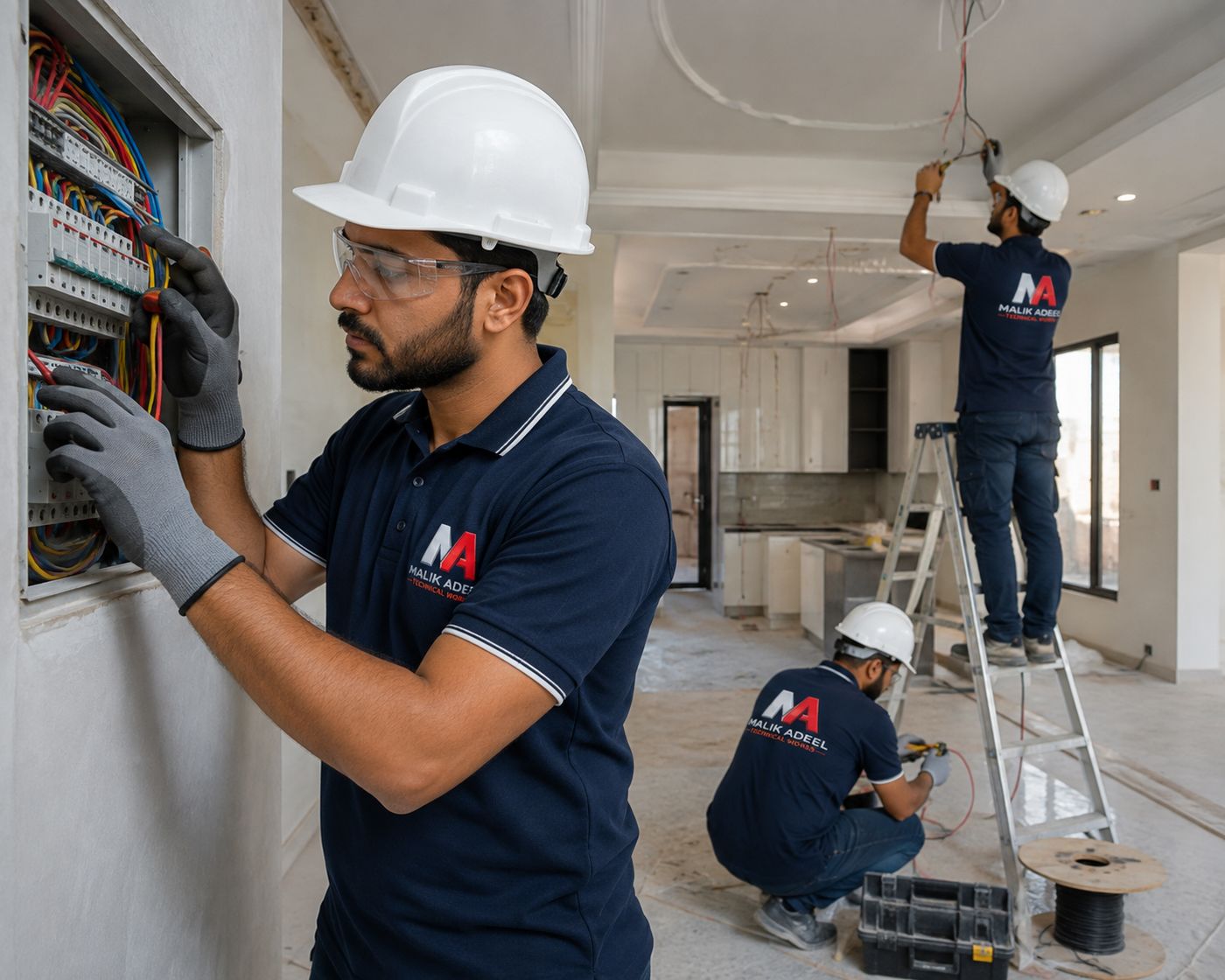 Electrician from Malik Adeel Technical Works terminating cables inside a distribution board in a Dubai villa