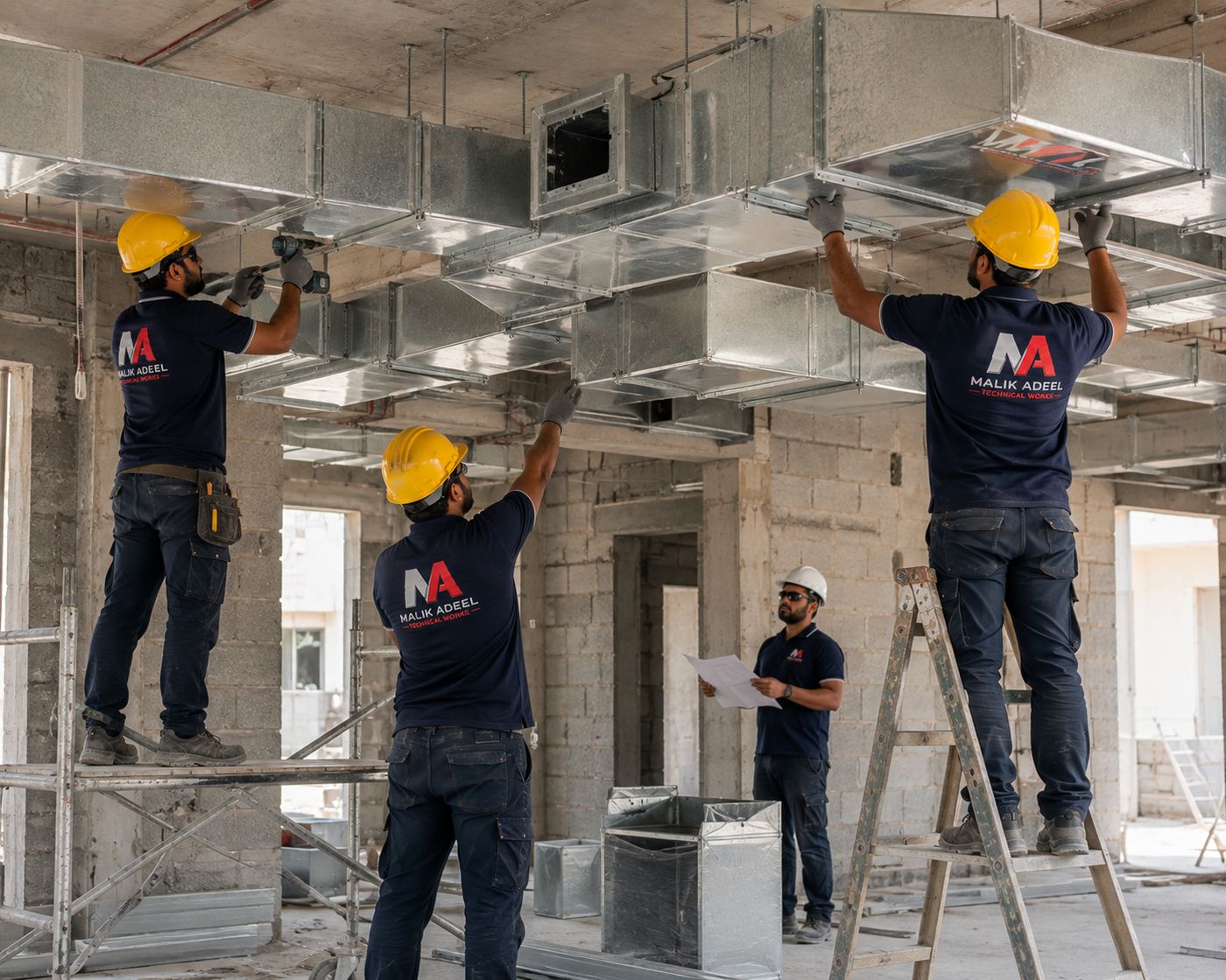 Malik Adeel Technical Works technicians installing GI ductwork in a building under construction in Dubai