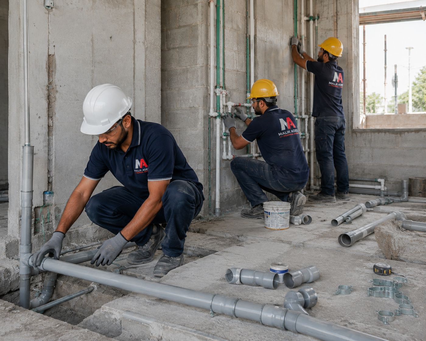 Plumbers installing PPR and uPVC drainage pipework in a concrete structure on a Dubai construction site