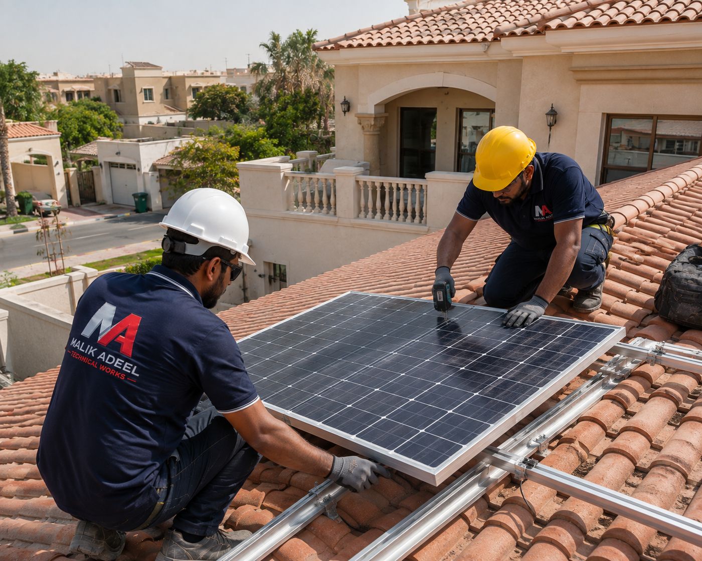 Two technicians installing solar panels on a tiled villa roof in Dubai