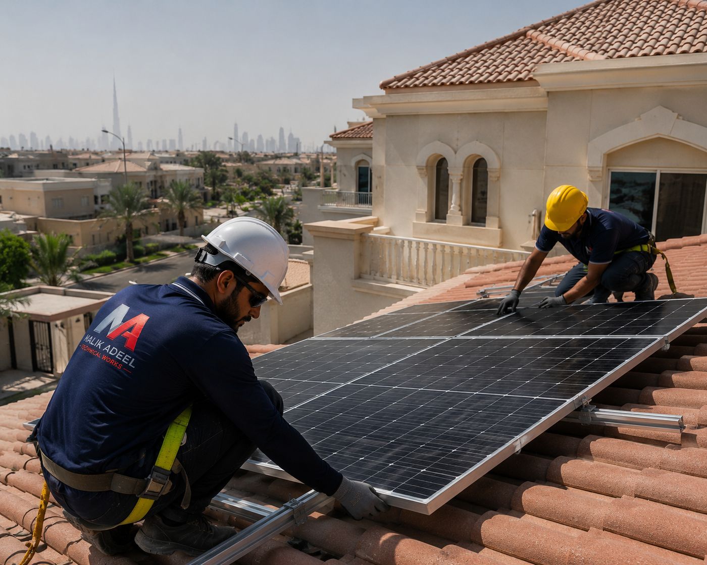 Solar panel installation on a villa roof with the Dubai skyline visible in the distance