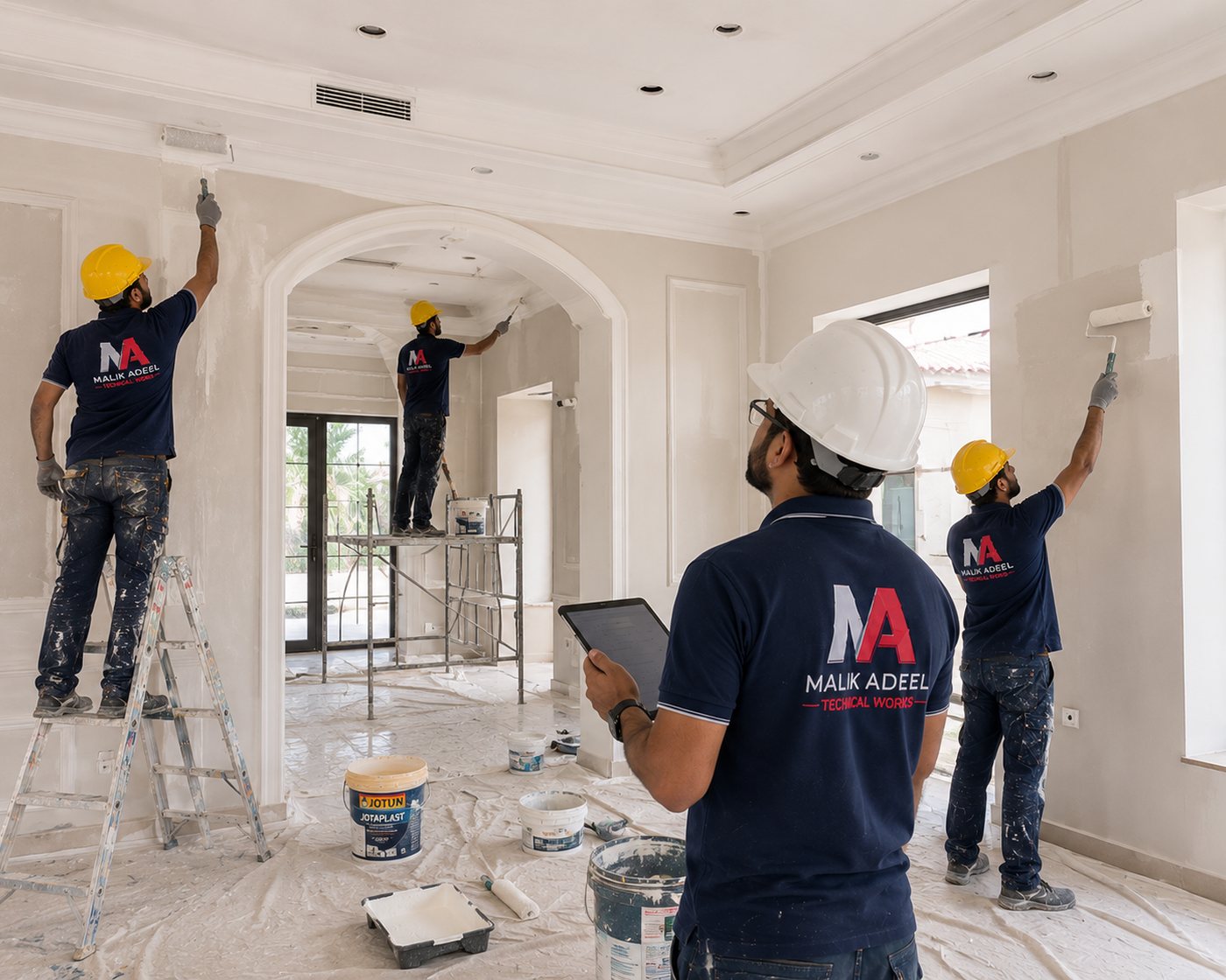 Malik Adeel Technical Works painters rolling and finishing walls and ceilings with Jotun products inside a Dubai villa
